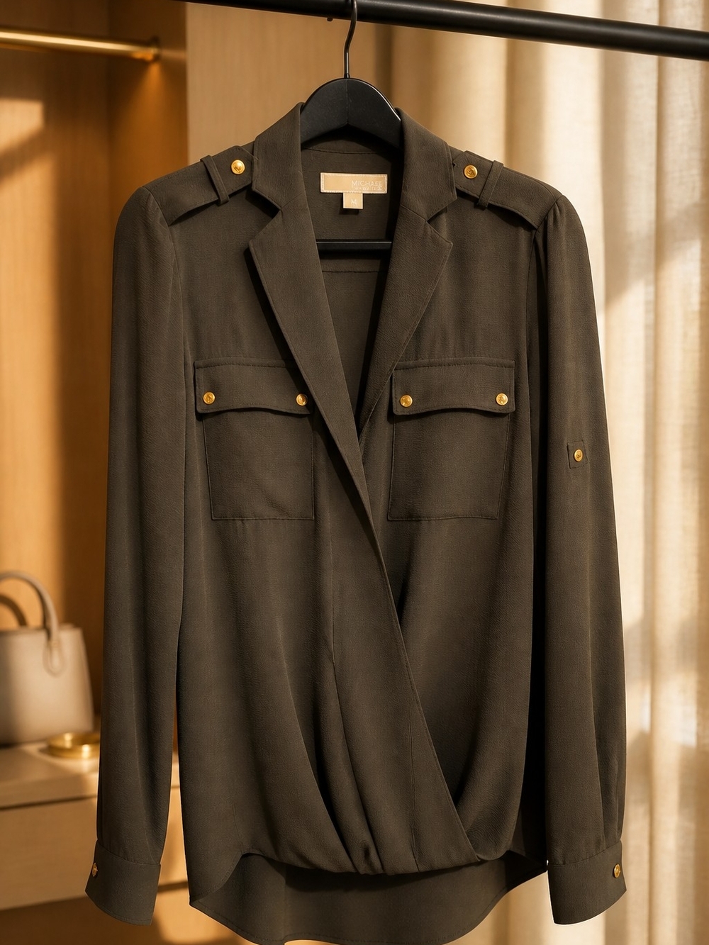 Michael Kors Black Utility Blouse with Gold-Tone Hardware
